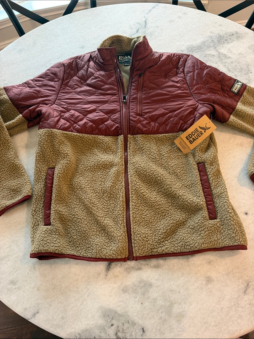 Eddie Bauer Men’s Two-Tone Quilted Puffer & Sherpa Jacket in Maroon and Tan New